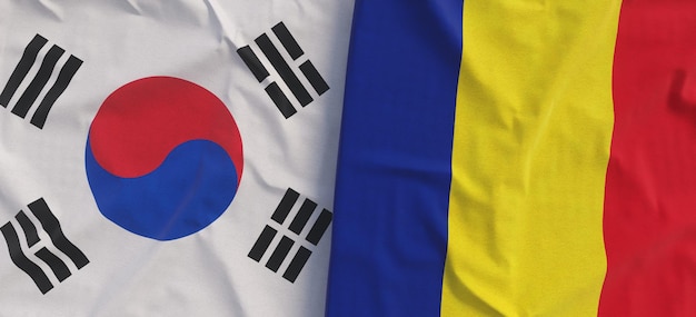 Banderas de Corea del Sur y Rumanía Primer plano de la bandera de lino Bandera hecha de lona Corea Seúl Bucarest Estado símbolos nacionales Ilustración 3d
