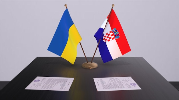 Banderas de Croacia y Ucrania sobre la reunión política ilustración 3D