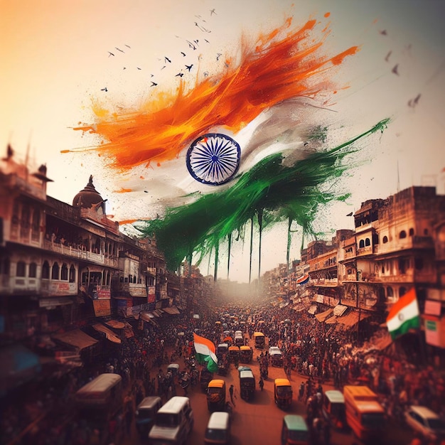 banderas del día de la independencia de la India Bandera de la India y la gente en la ciudad