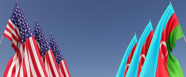 Banderas de los EE. UU. y Azerbaiyán en astas de bandera en los lados Seis banderas sobre un fondo azul América EE. UU. Washington Baku Ilustración 3D