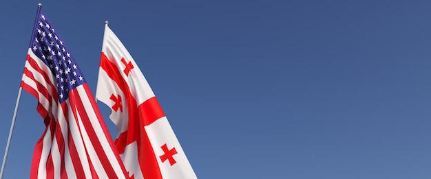 Banderas de EE. UU. y Georgia en astas de bandera en el lateral Banderas en un fondo azul Lugar para el texto Estados Unidos de América Tbilisi Commonwealth Ilustración 3D