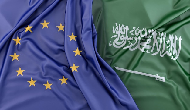 Banderas enroscadas de la Unión Europea y Arabia Saudita en 3D