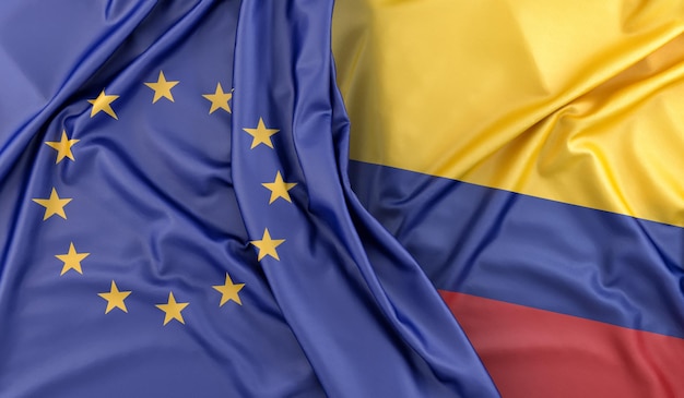 Banderas enroscadas de la Unión Europea y Colombia Renderizado en 3D