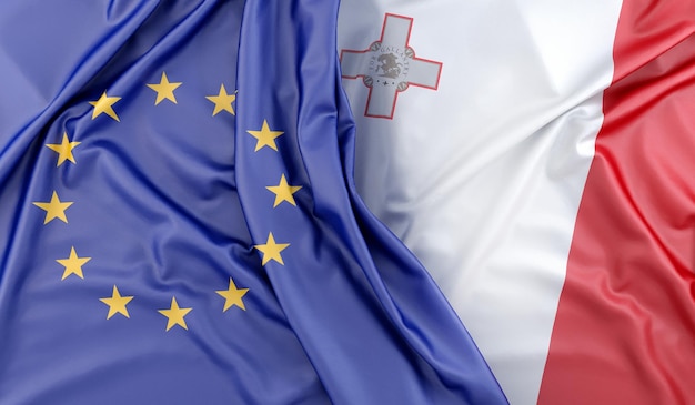 Foto banderas enroscadas de la unión europea y malta renderizado en 3d