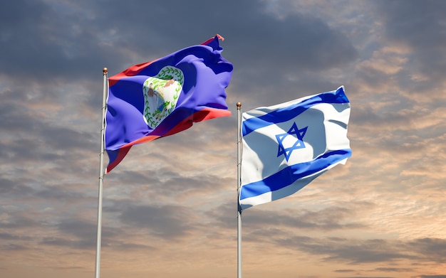 Banderas del estado de Israel y Belieze juntos sobre fondo de cielo