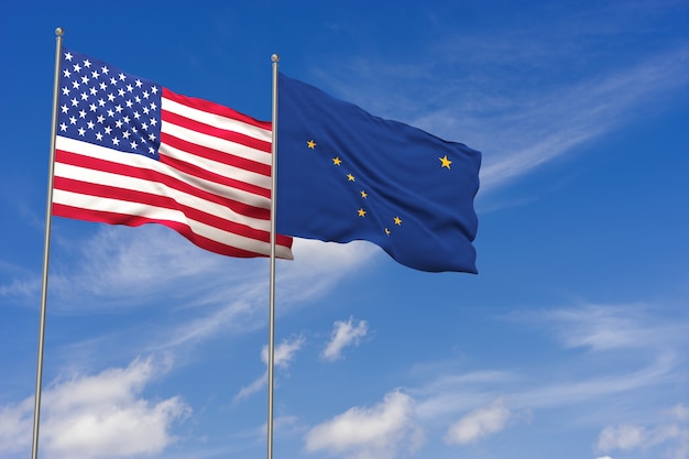 Banderas de Estados Unidos y Alaska sobre fondo de cielo azul. Ilustración 3D