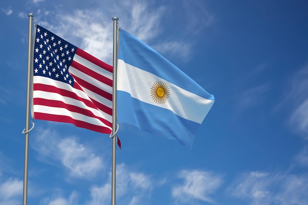 Banderas de Estados Unidos de América y Argentina sobre fondo de cielo azul Ilustración 3D