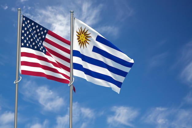 Banderas de los Estados Unidos de América y la República Oriental del Uruguay sobre fondo de cielo azul Ilustración 3D