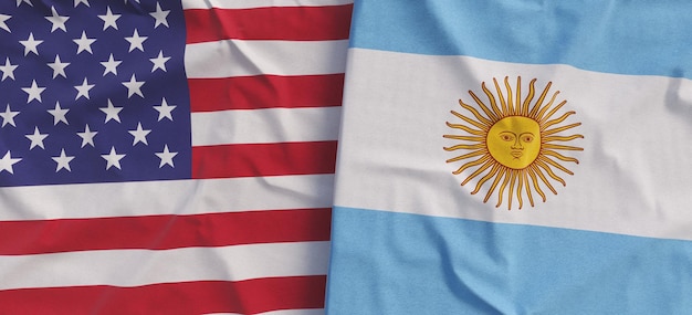 Banderas de Estados Unidos y Argentina Bandera de lino de primer plano Bandera hecha de lienzo Estados Unidos de América Buenos Aires Estado símbolos nacionales Ilustración en 3D