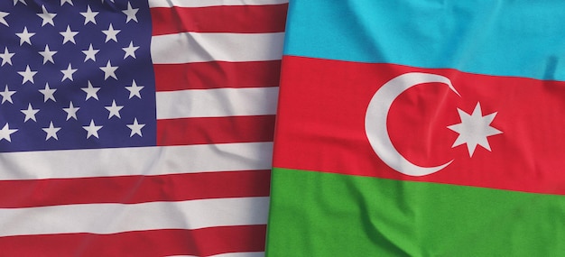 Banderas de Estados Unidos y Azerbaiyán Banderas de lino primer plano Bandera hecha de lona Estados Unidos de América Símbolos nacionales del estado de Bakú Ilustración 3d