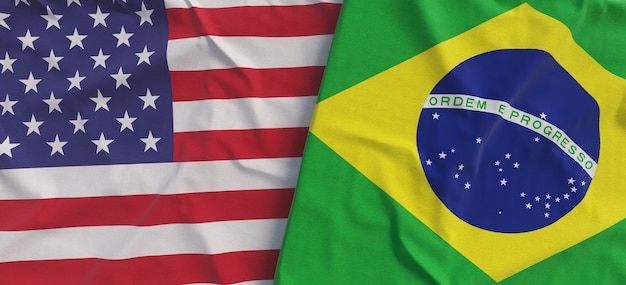 Banderas de Estados Unidos y Brasil Primer plano de la bandera de lino Bandera hecha de tela Los Estados Unidos de América Símbolos nacionales brasileños Ilustración 3d