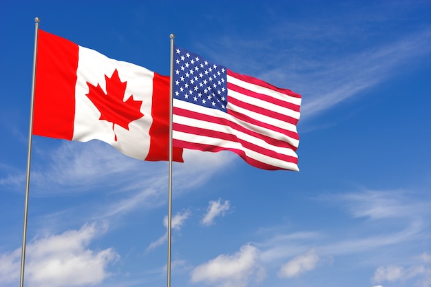 Banderas de Estados Unidos y Canadá sobre fondo de cielo azul. Ilustración 3D