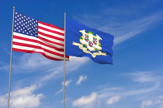 Banderas de Estados Unidos y Connecticut sobre fondo de cielo azul. Ilustración 3D