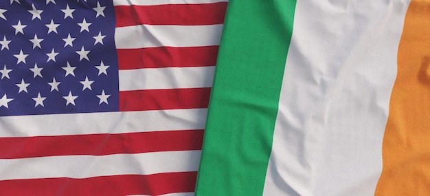 Banderas de Estados Unidos e Irlanda Primer plano de la bandera de lino Bandera hecha de lona Estados Unidos de América Símbolos nacionales irlandeses Ilustración 3d