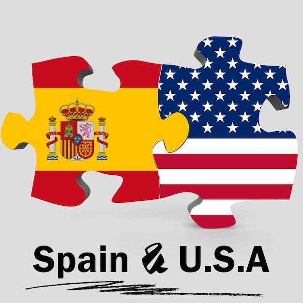 Foto banderas de estados unidos y españa en puzzle