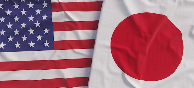 Banderas de Estados Unidos y Japón Banderas de lino primer plano Bandera hecha de lona Estados Unidos de América Símbolos nacionales del estado japonés Ilustración 3d