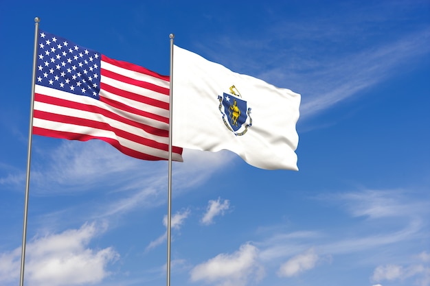 Banderas de Estados Unidos y Massachusetts sobre fondo de cielo azul. Ilustración 3D