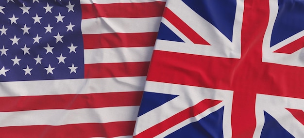 Banderas de los Estados Unidos y el Reino Unido Banderas de lino primer plano Bandera hecha de tela Estados Unidos Gran Bretaña Símbolos nacionales Ilustración 3d