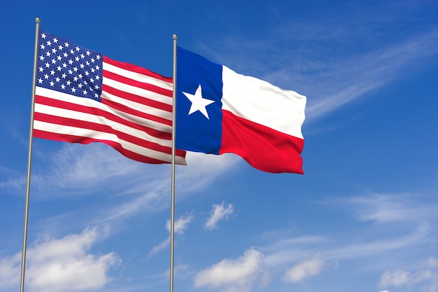 Banderas de Estados Unidos y Texas sobre fondo de cielo azul. Ilustración 3D