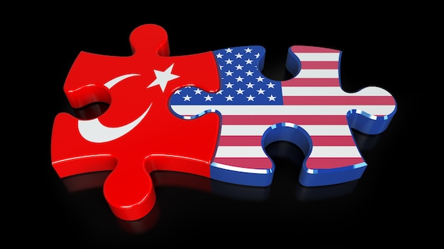 Banderas de Estados Unidos y Turquía en piezas de un rompecabezas. Concepto de relación política. Representación 3D