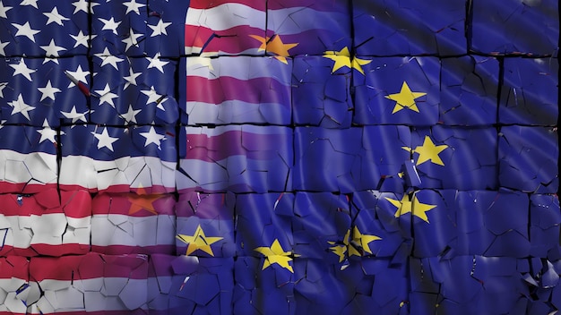 Banderas de Estados Unidos y la UE con textura de pared de ladrillo y grietas