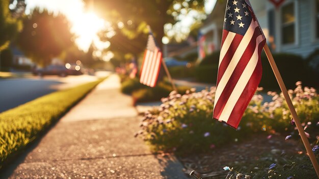 Foto las banderas estadounidenses alinean las aceras celebrando el día de la libertad nacional de los estados unidos