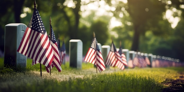 Las banderas estadounidenses bordean la tumba de un soldado.
