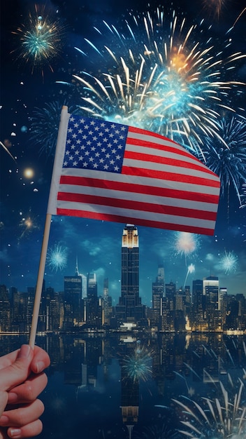 Foto banderas estadounidenses con collage de fuegos artificiales