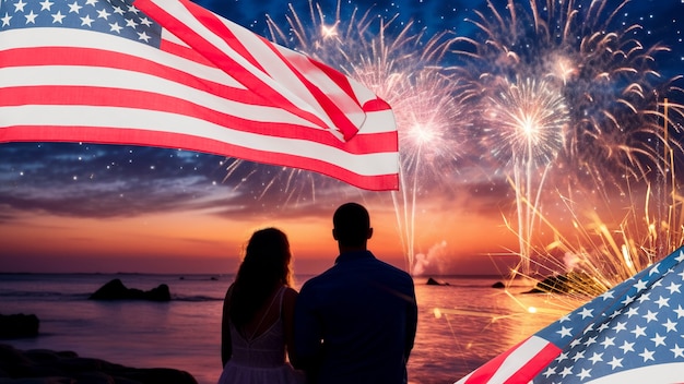 Banderas estadounidenses con collage de fuegos artificiales