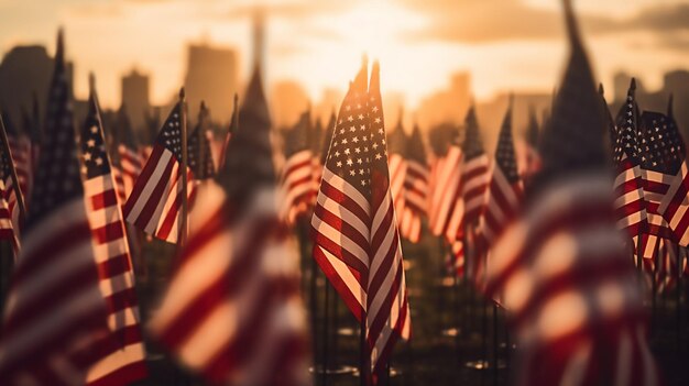 Las banderas estadounidenses establecidas para el feliz Día de los Veteranos, el Día de la Conmemoración y el Día de La Independencia.