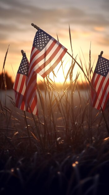 Banderas estadounidenses en la hierba al atardecer Feliz Día de los Veteranos Día de la Memoria Día de la Independencia