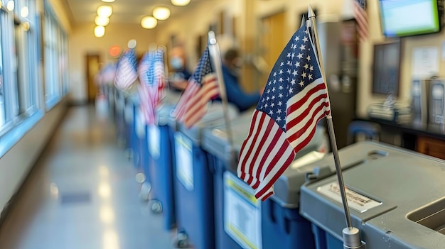 Foto banderas estadounidenses de pie encima de las máquinas de votación en una habitación brillante