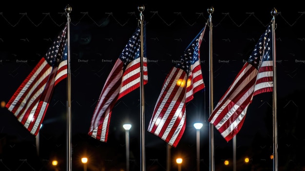 Las banderas estadounidenses en los postes iluminados por la noche