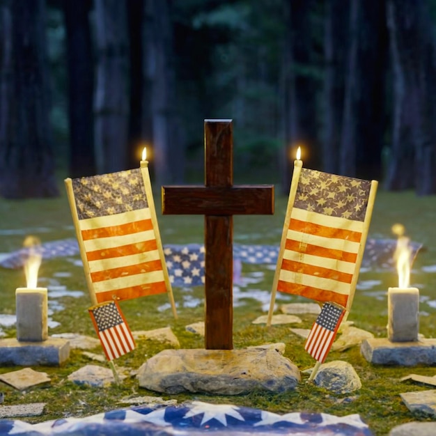 Foto banderas estadounidenses rindiendo homenaje a los héroes caídos en el día de la conmemoración cruz en la naturaleza pequeña tumba