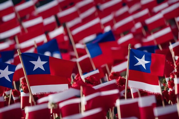 Las banderas están alineadas en filas en un estadio.