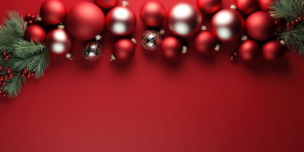 Banderas de Feliz Navidad con decoraciones festivas en fondo rojo con espacio para copiar