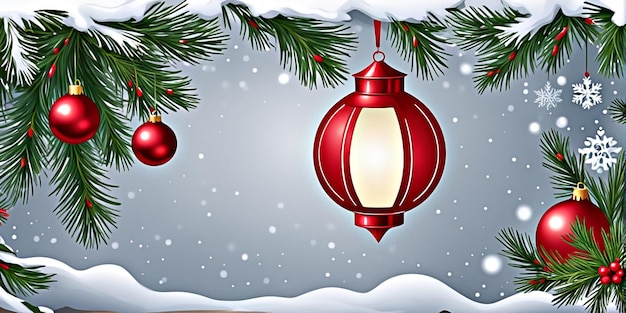Banderas de Feliz Navidad con ramas de árboles de Navidad y decoraciones de árboles de navidad rojos