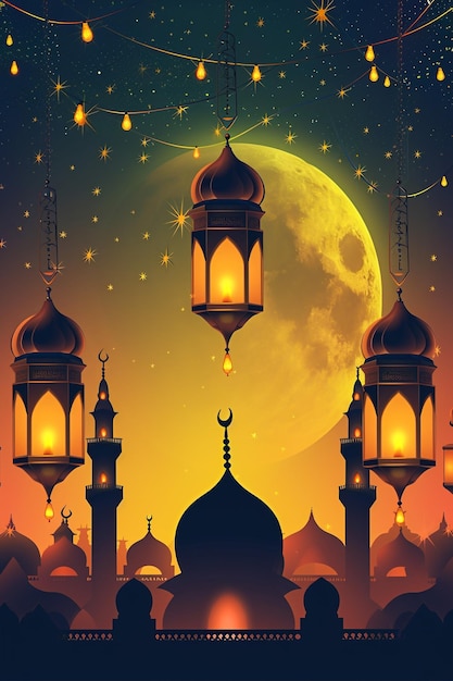 Banderas de fondo de Kareem de Ramadán Tarjetas de felicitación islámicas para las fiestas musulmanas y el Ramadán Banderas azules con luna y linterna