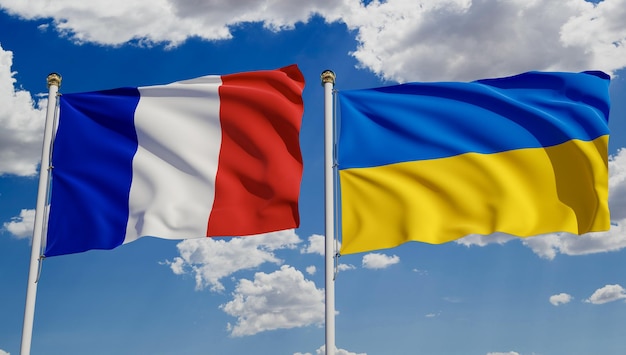 Banderas francesas y ucranianas sobre el cielo azul Concepto de acuerdo diplomático relaciones internacionales negocios comerciales entre Francia y Ucrania Representación 3D