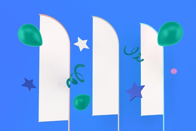 Foto banderas y globos parte delantera en fondo azul.