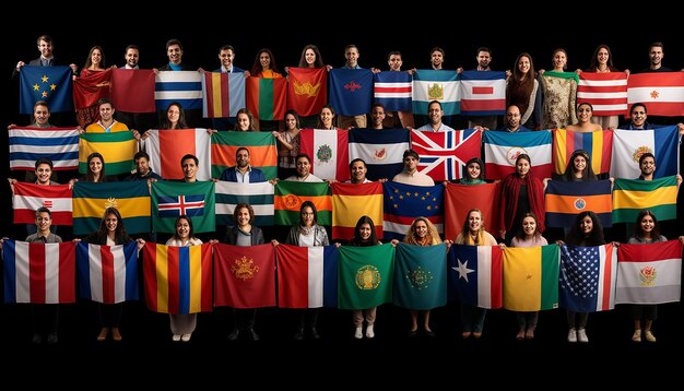 Foto banderas internacionales de inmigración de todos los países con inmigrantes sosteniendo banderas