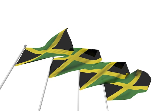 Banderas de Jamaica seguidas con un fondo blanco 3D Rendering