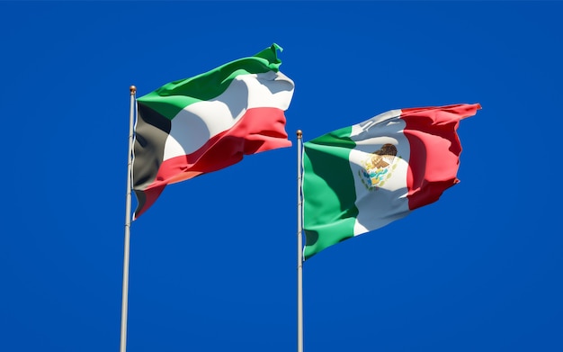 Banderas de Kuwait y México. Ilustraciones 3D