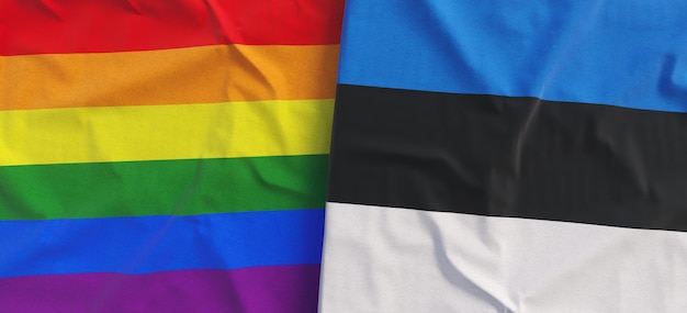 Banderas LGBT y estonias Primer plano de la bandera de lino Bandera del arco iris Comunidad LGBT Bandera estonia hecha de lienzo Ilustración 3d