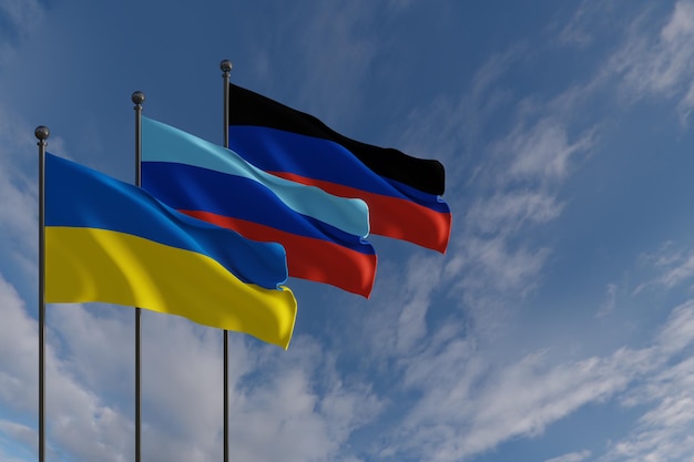 Banderas LNR y DNR y Ucrania Cielo azul y bandera Bandera LNR Bandera DNR Ucrania LNR DNR Ucrania