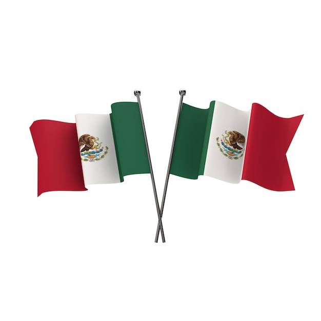 Banderas de México cruzadas aisladas sobre un fondo blanco 3D Rendering