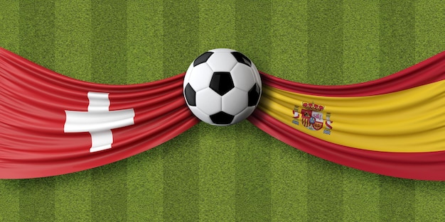 Banderas nacionales de partido de fútbol suiza vs españa con representación de fútbol d