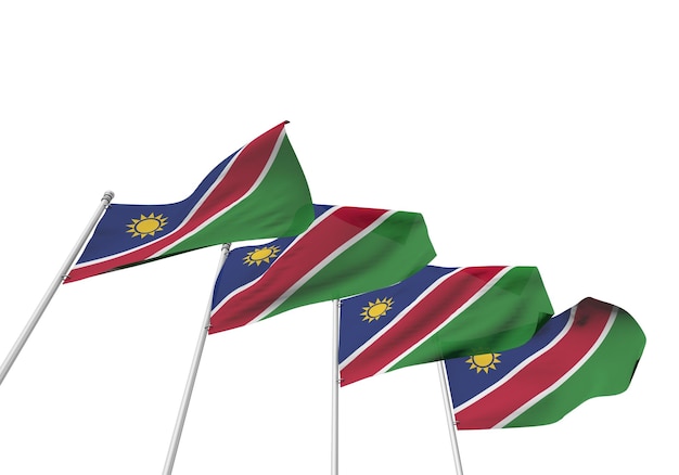 Banderas de Namibia en una fila con un fondo blanco 3D Rendering