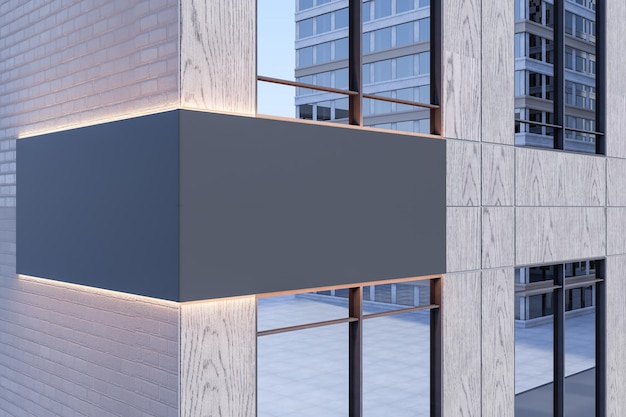 Banderas negras iluminadas con maqueta de lugar para publicidad en el exterior de un edificio contemporáneo Renderizado en 3D