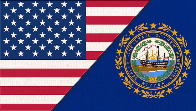 Foto banderas de new hampshire y estados unidos de américa banderas de ee.uu. y new hampshire concepto político bandera nacional estadounidense colaboración de ee.uu. y new hampshire doble bandera ilustración 3d